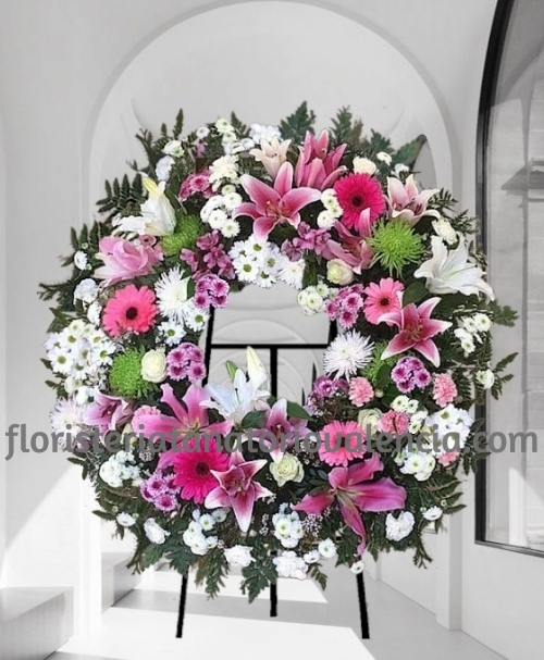 Corona Funeraria Flor Variada Rosa y blanca para tanatorios con envio urgente